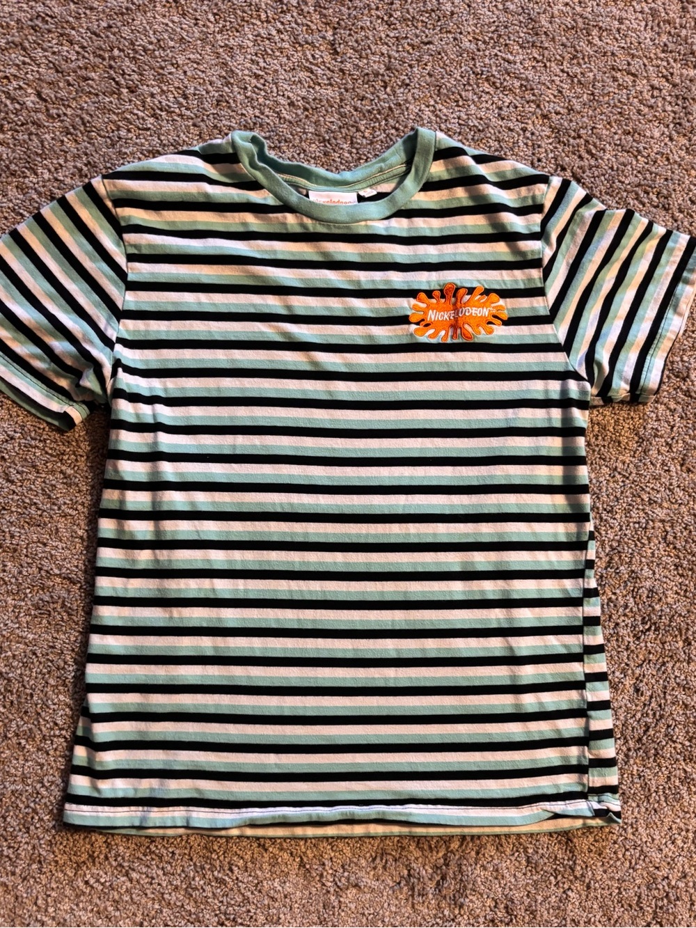 90s wear Nickelodeon Blue & Black Striped Tee with Orange Logo